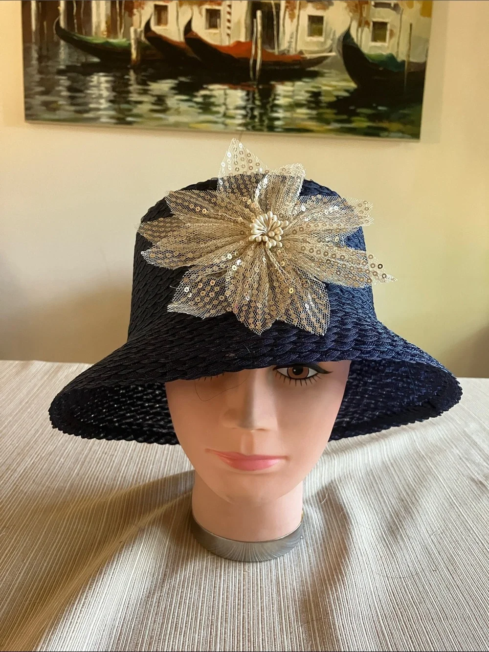 Chic Navy Blue Bucket Hat with Gold Sequined Floral Accent